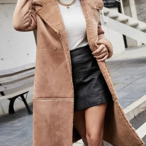 Lapel Collar Button Front Suede Coat - Picture 3 of 8